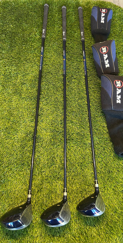 Ram Concept Wood set 3-17 degree, 5-21 degree, 7-24 degree Graphite regular flex Shaft - RH head covers included