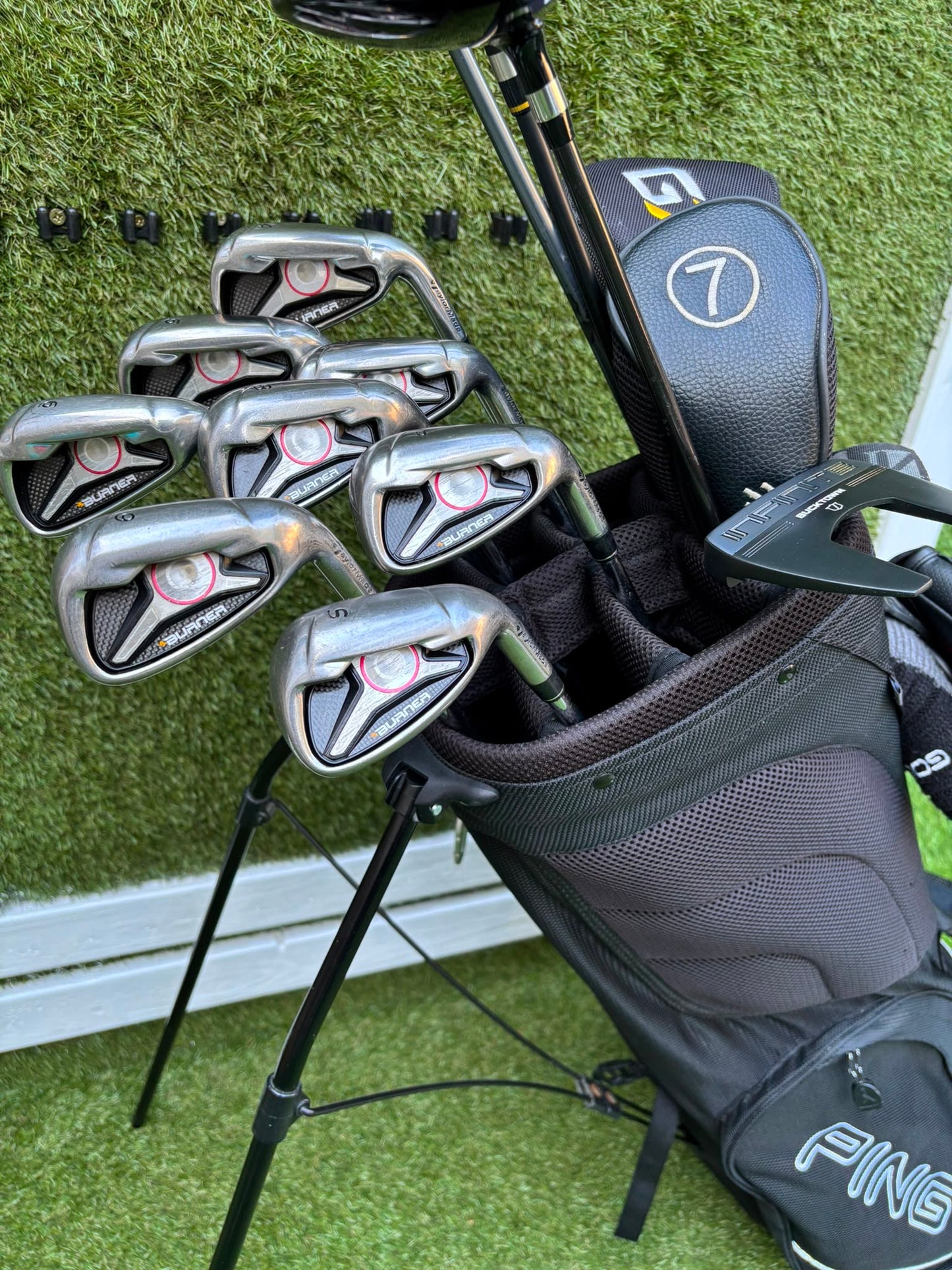 TaylorMade Irons, Cleveland Driver, GX-7 Wood, MacGregor 7 Wood, Wilson Putter & Ping Stand Bag
