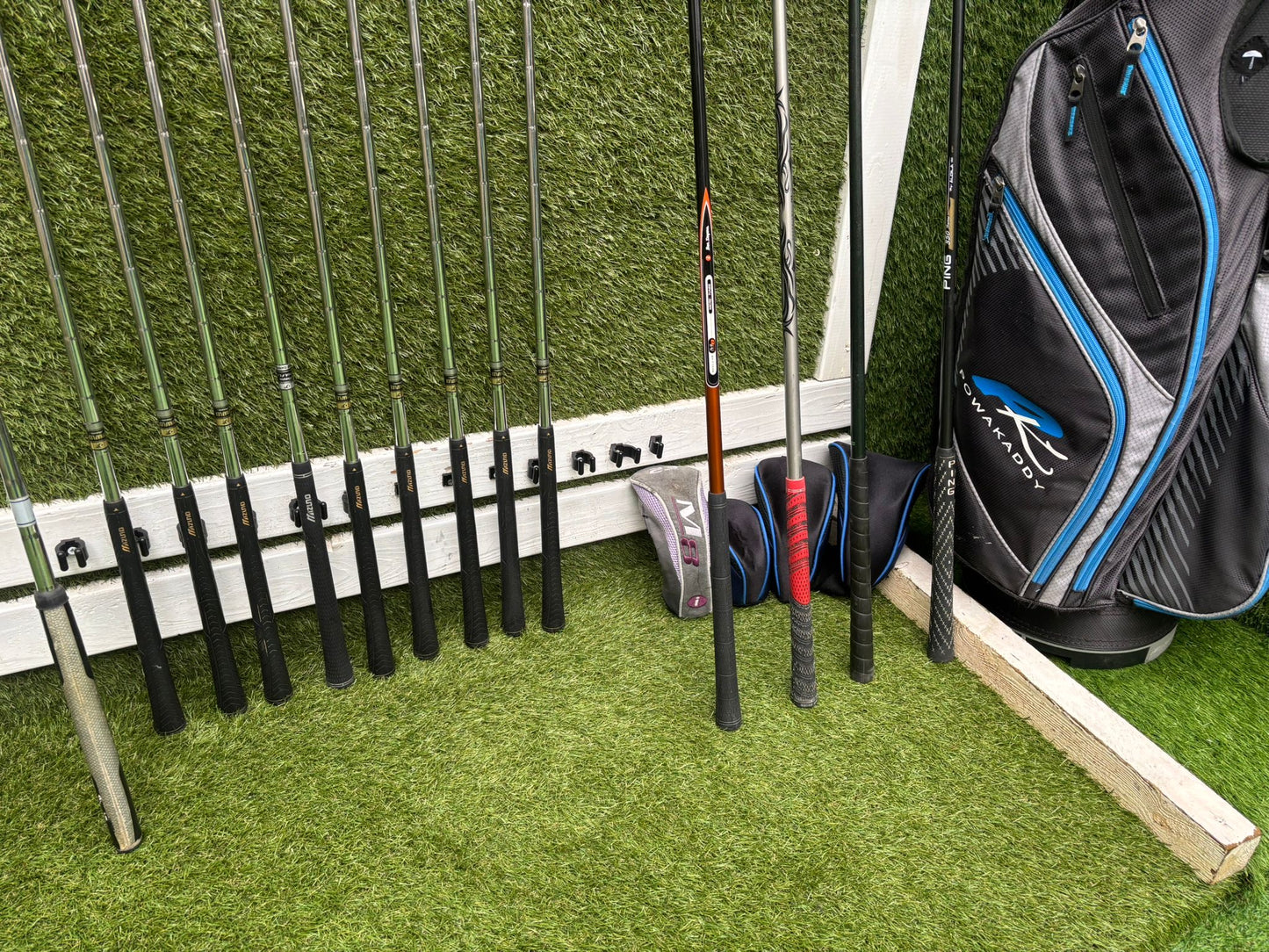 Mizuno Zoid Comp CT Irons + Titleist & Cobra Drivers + Mizuno Woods + Tail Moore Putter + PowaKaddy Cart Bag – 14 Clubs
