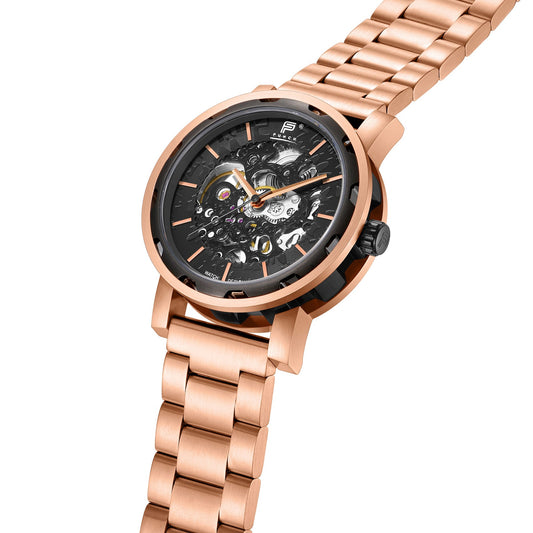 PUNCH Mens Watch, Rose Gold & Black Skeleton Automatic Watch - Black Metal Strap