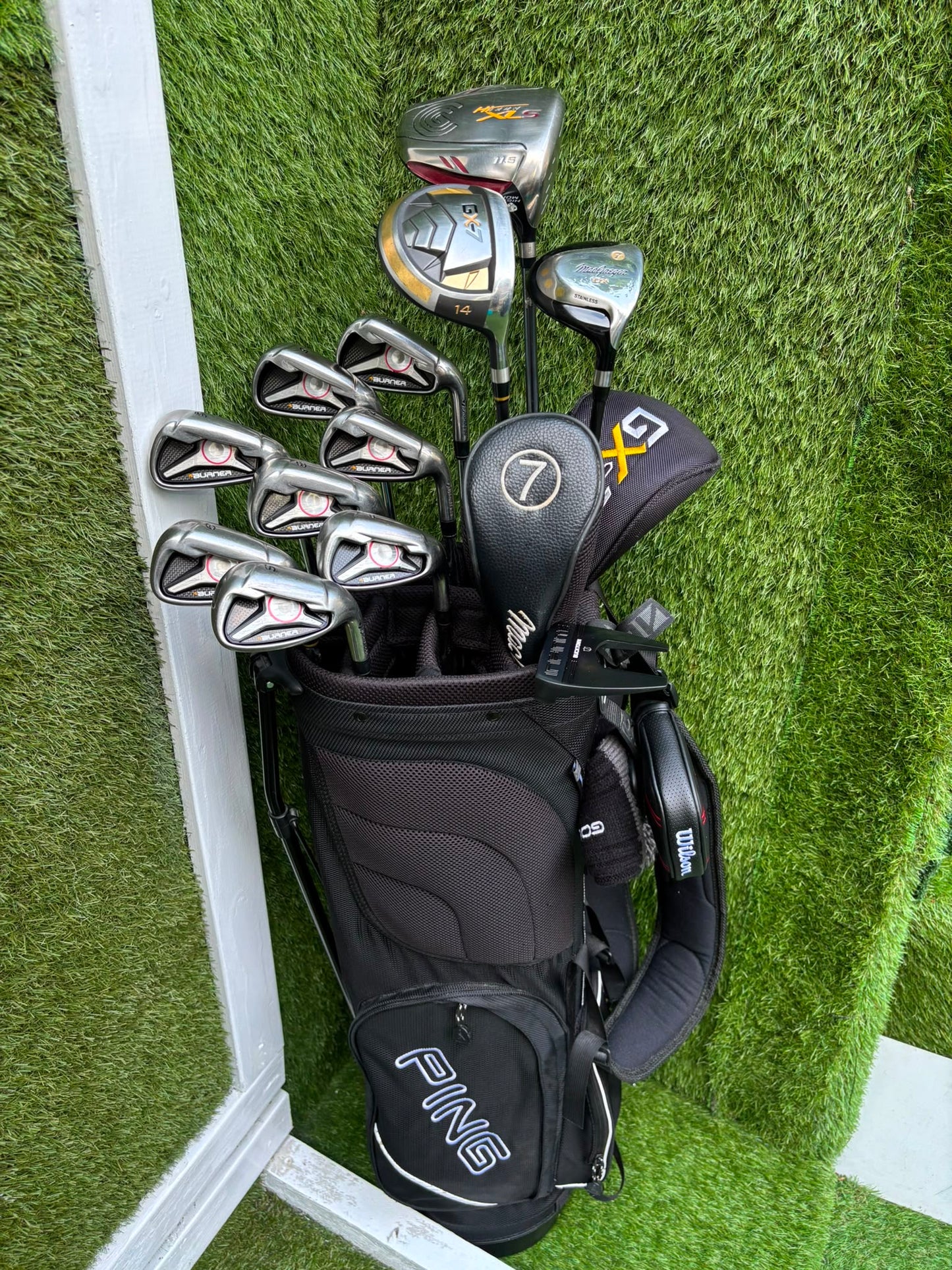 TaylorMade Irons, Cleveland Driver, GX-7 Wood, MacGregor 7 Wood, Wilson Putter & Ping Stand Bag