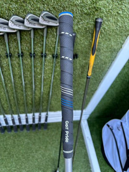PING S59 4–PW Irons, Tour-W 52° Wedge, Cleveland HiBore Driver, Cobra 5 Wood, Mizuno Hybrid, MacGregor Putter & Stand Bag