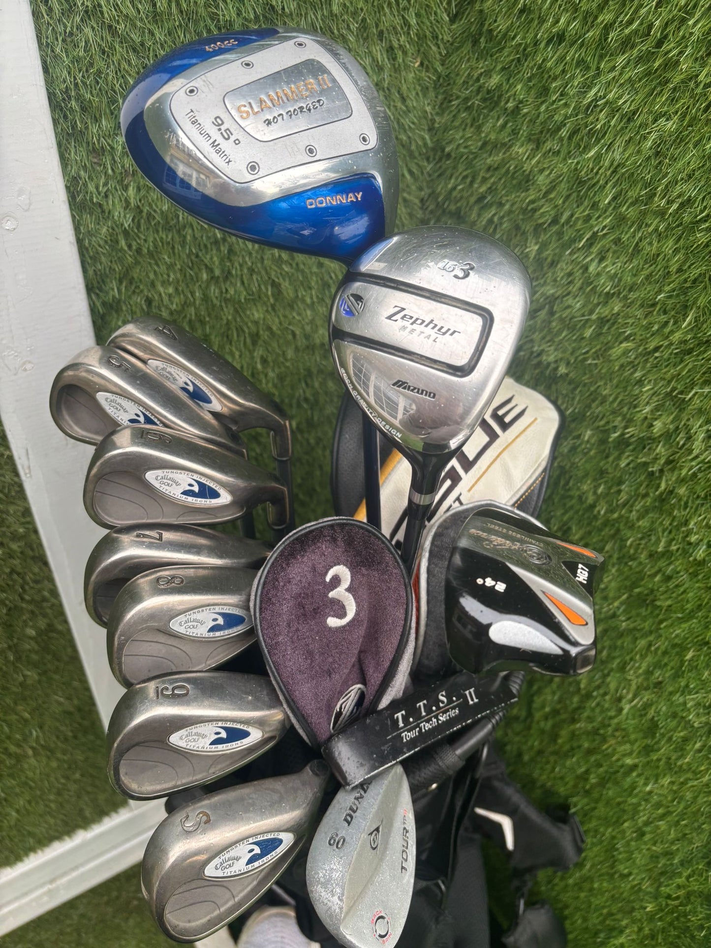 Callaway Tungsten Titanium Irons + Donnay Driver + Mizuno Fairway + Confidence Hybrid + Callaway Stand Bag (12 Clubs)