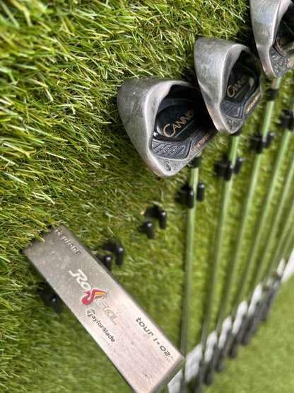Nike Ignite Dymo² Driver, Spalding Cannon Irons (3–9, SW), TaylorMade Rescue & Rossa Putter | Callaway Stand Bag