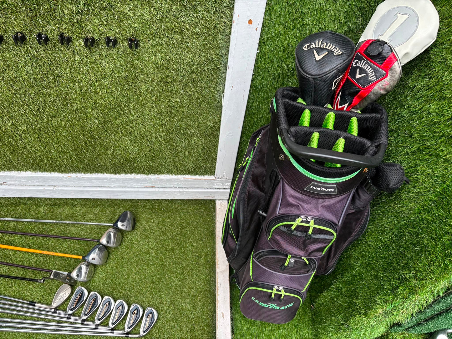 Callaway Big Bertha Woods, Spalding Cannon Irons (5–PW), Tad Moore Wedge & Caddymatic Cart Bag