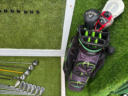 Callaway Big Bertha Woods, Spalding Cannon Irons (5–PW), Tad Moore Wedge & Caddymatic Cart Bag