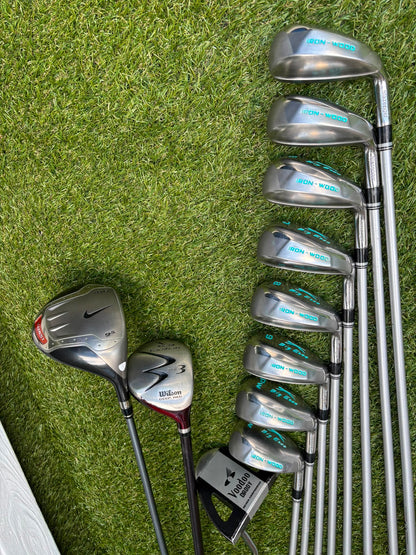 Slazenger Iron-Woods, Nike Driver, Wilson Fairway Wood, Voodoo Daddy Putter & Stand Bag