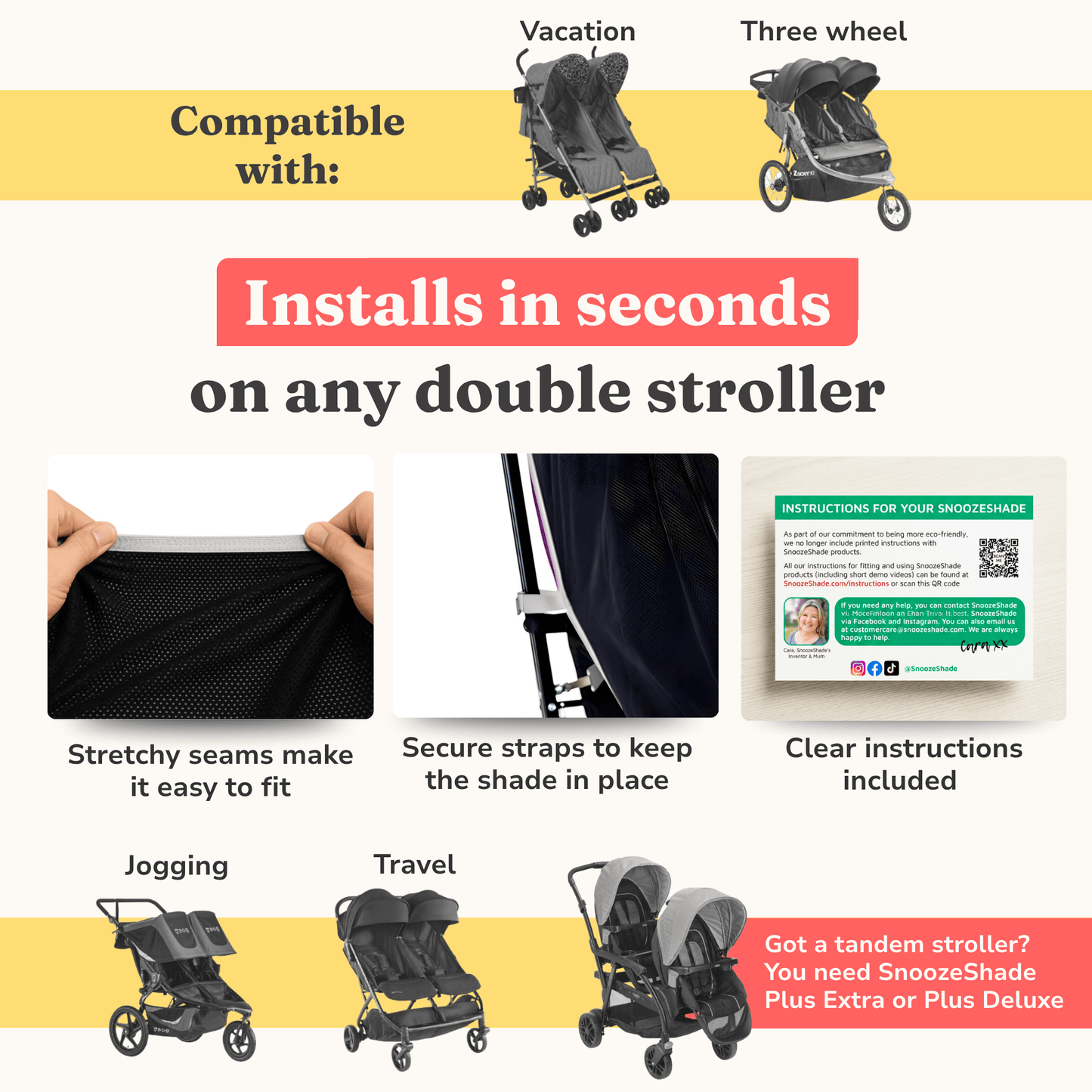 SnoozeShade Twin Extra: sun and sleep shade and insect net for side-by-side double buggies and strollers
