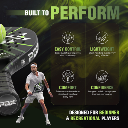 PDX Rayo Beginner Padel Racket | Complimentary Racket Carrier Bag | 30% Carbon 70% Fibreglass | 355g Round | Control