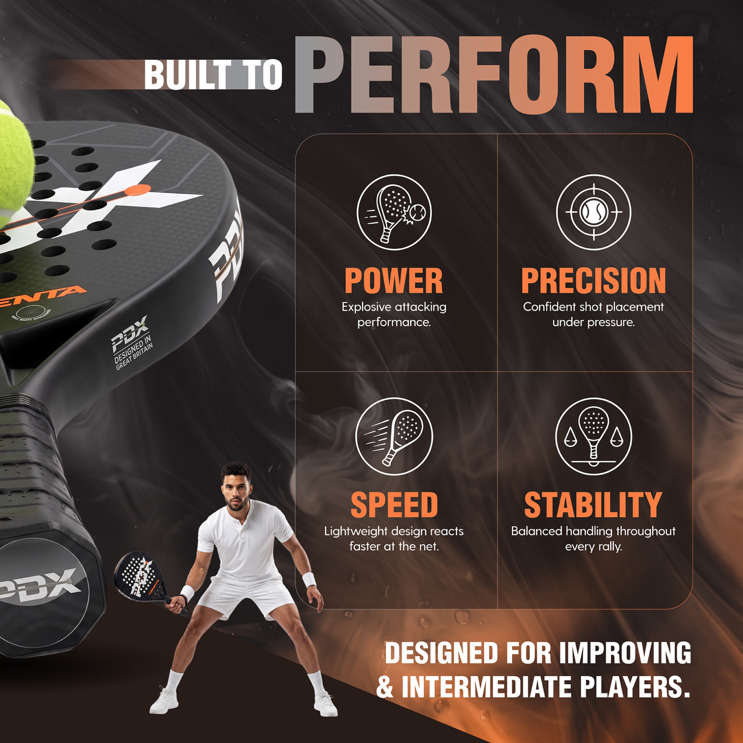 PDX Tormenta Intermediate Padel Racket | Complimentary Racket Carrier Bag | Full Carbon Fibre | 365g Diamond | Power