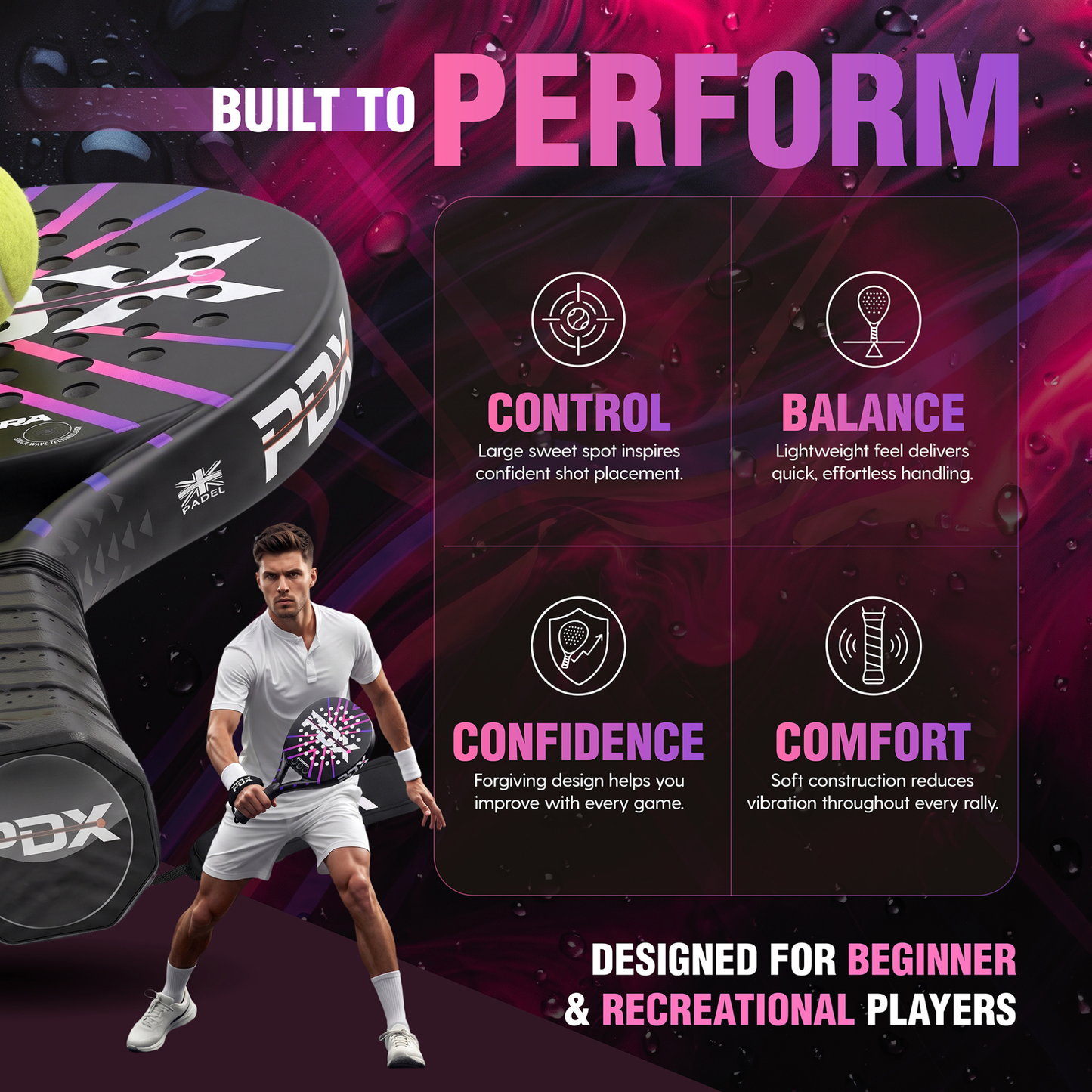 PDX Aurora Beginner Padel Racket Complimentary Racket Carrier Bag 30% Carbon 70% Fibreglass 355g Round | Control