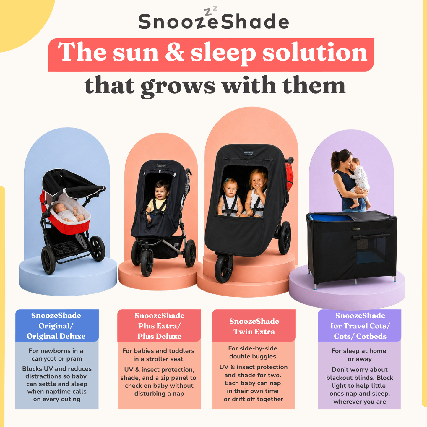 SnoozeShade Plus Extra: sun and sleep shade and insect net for buggies and pushchairs