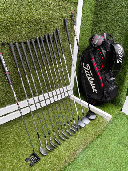 Mizuno Widec II Irons, Titleist 913 Driver, Callaway X Hot Woods, Wilson Infinite Putter & Titleist StaDry Cart Bag