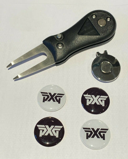 Golf  Black Pitchfork Magnetic Hat Clip With 4 PXG 25mm Markers