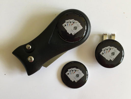 Golf Switchblade Pitchfork Magnetic Hat Clip With 3 Royal Flush 25mm M