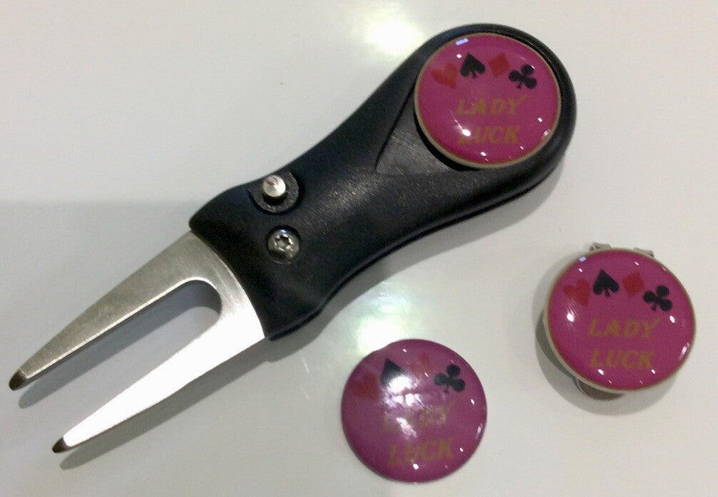 Golf Pitchfork Magnetic Hat Clip With 3 Lady Luck  Markers