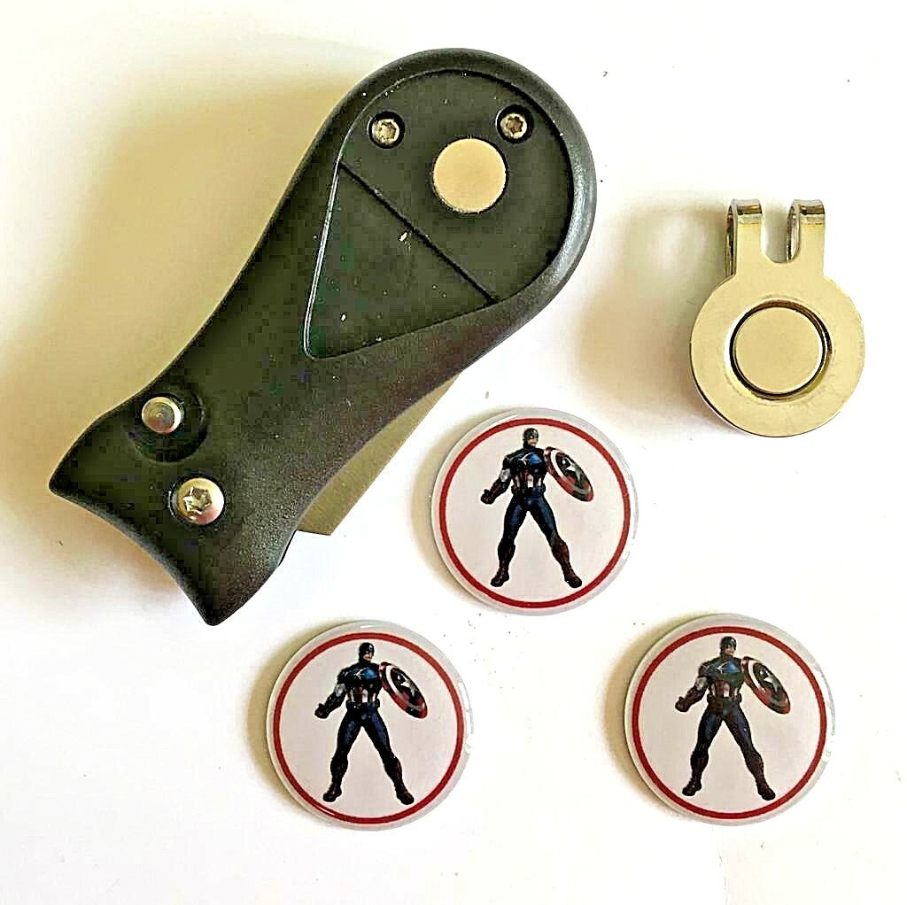 Golf Pitchfork Magnetic Hat Clip With 3 Captain America Markers