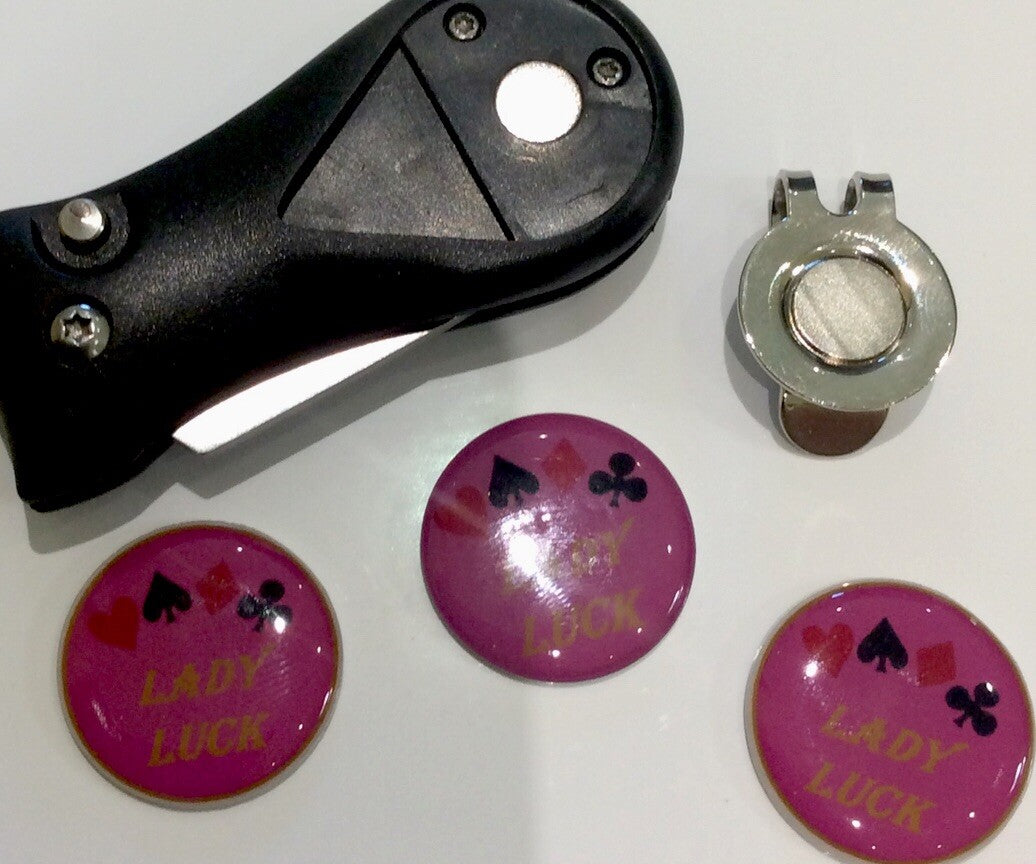 Golf Pitchfork Magnetic Hat Clip With 3 Lady Luck  Markers