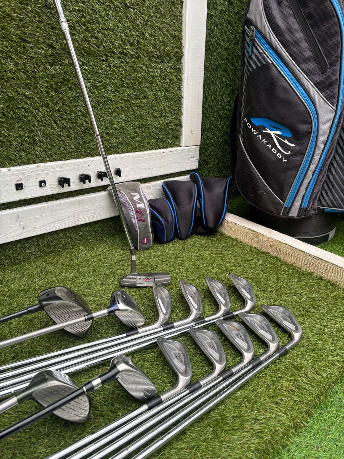 Mizuno Zoid Comp CT Irons + Titleist & Cobra Drivers + Mizuno Woods + Tail Moore Putter + PowaKaddy Cart Bag – 14 Clubs