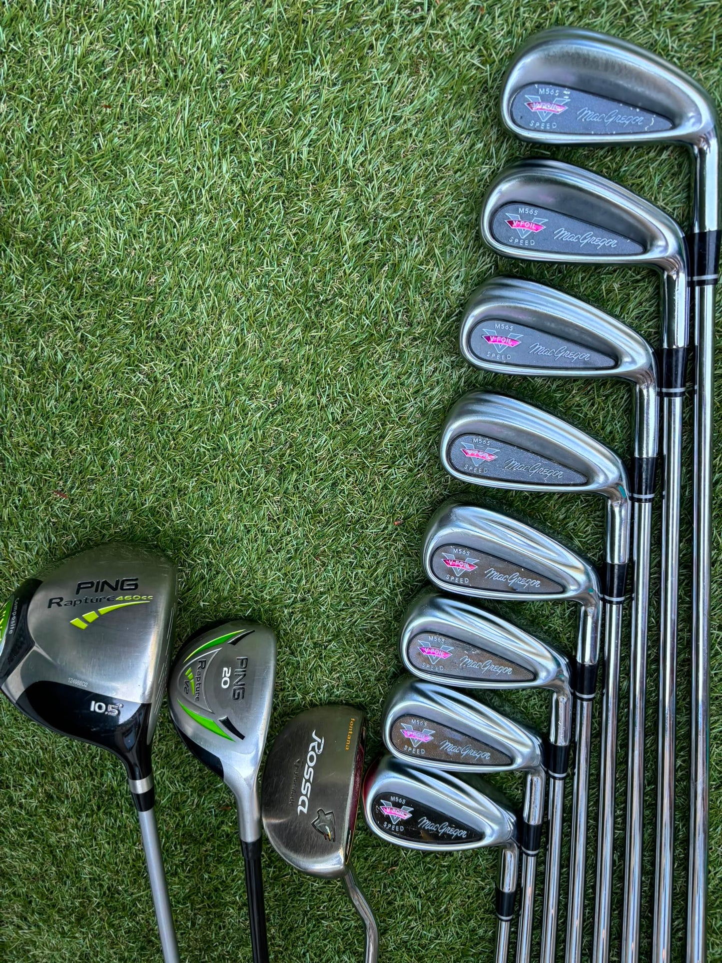 MacGregor V-Foil M565 Irons, Ping Driver, Ping Hybrid, TaylorMade Putter & Premium OUUL Camouflage Stand Bag