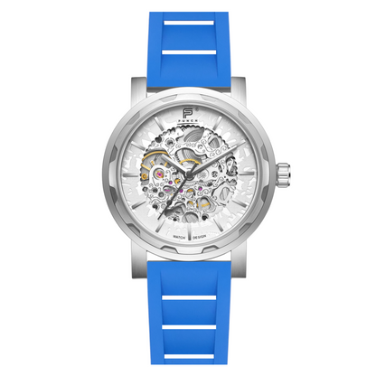 PUNCH Mens Watch, Silver & White Skeleton Automatic Watch - Blue Rubber Strap