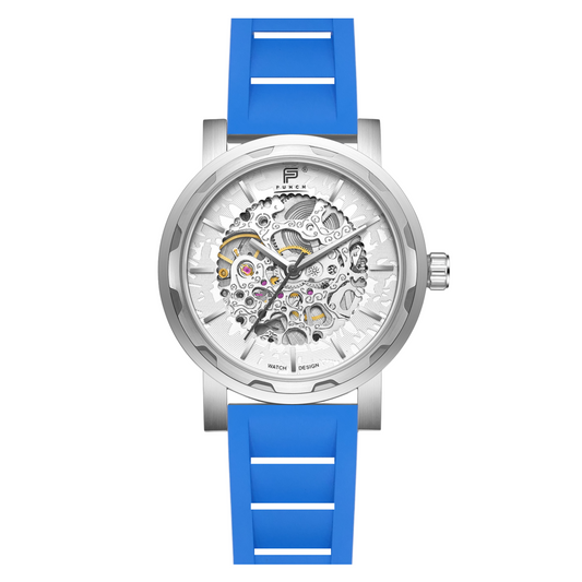PUNCH Mens Watch, Silver & White Skeleton Automatic Watch - Blue Rubber Strap