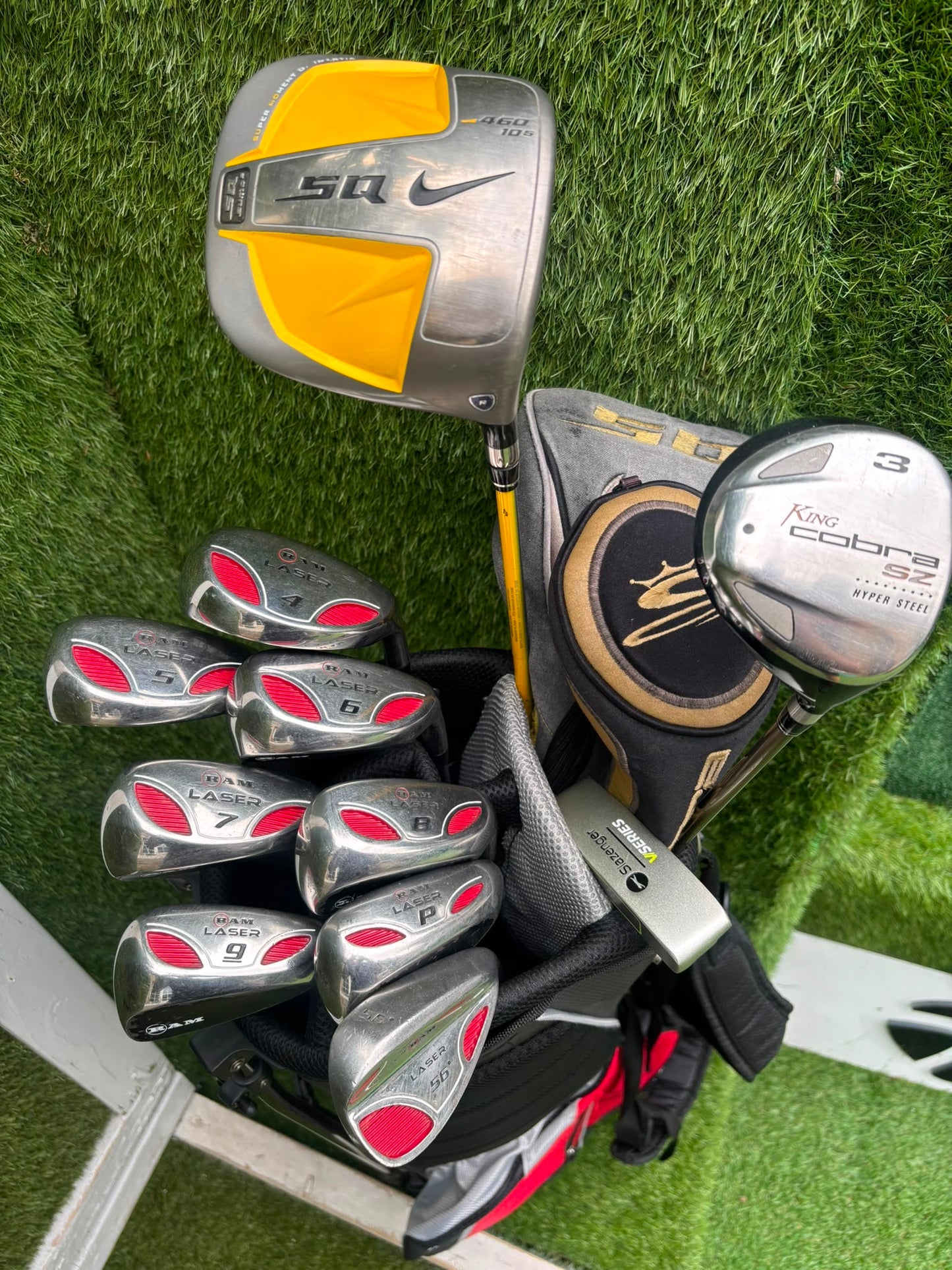 RAM Laser Hybrid Irons, Nike SQ Sumo² Driver, Cobra SZ Fairway Wood, Slazenger V Series Putter & Wilson Tour RX Stand Bag