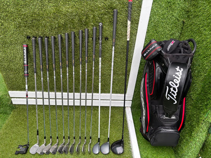 Mizuno Widec II Irons, Titleist 913 Driver, Callaway X Hot Woods, Wilson Infinite Putter & Titleist StaDry Cart Bag