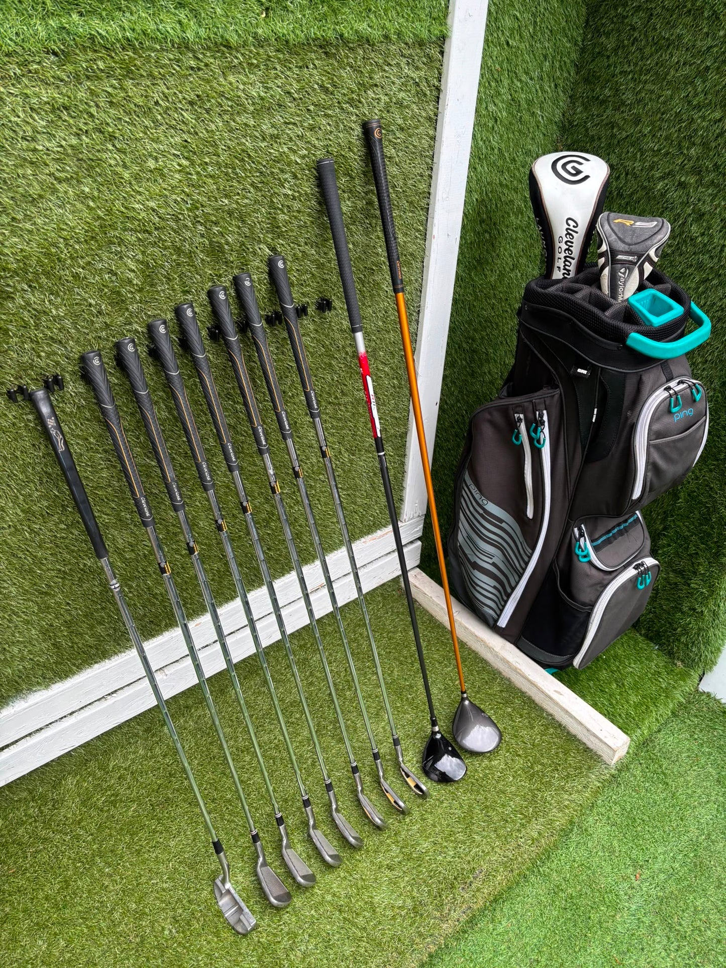 Cleveland CG7 Tour Irons, TaylorMade R9 Hybrid, Cleveland Launcher Driver & Ping Bag