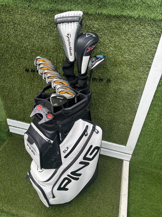 Cleveland CG Gold Irons (3–PW) + CG15 50° Wedge + TaylorMade RBZ Driver + Callaway X Hot 5 Wood + Ping G Series Hybrid + Odyssey O-Works 2-Ball Putter + Ping DLX Bag