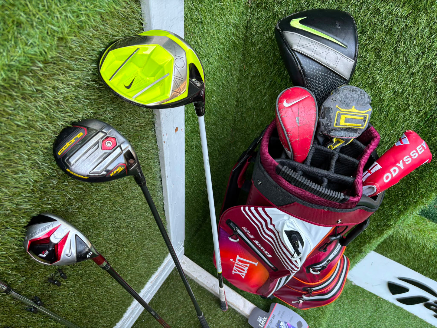 Nike Slingshot 4D Irons, Nike Driver, Cobra 4 Wood, Nike VR_S Hybrid, Odyssey Putter, New Lynx Waterproof Cart Bag