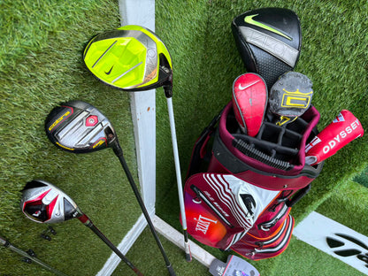 Nike Slingshot 4D Irons, Nike Driver, Cobra 4 Wood, Nike VR_S Hybrid, Odyssey Putter, New Lynx Waterproof Cart Bag