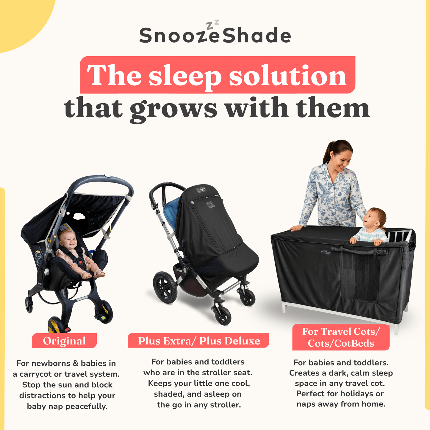 SnoozeShade Twin Extra: sun and sleep shade and insect net for side-by-side double buggies and strollers