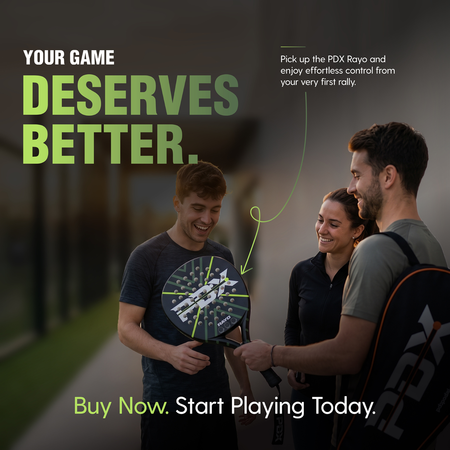 PDX Rayo Beginner Padel Racket | Complimentary Racket Carrier Bag | 30% Carbon 70% Fibreglass | 355g Round | Control
