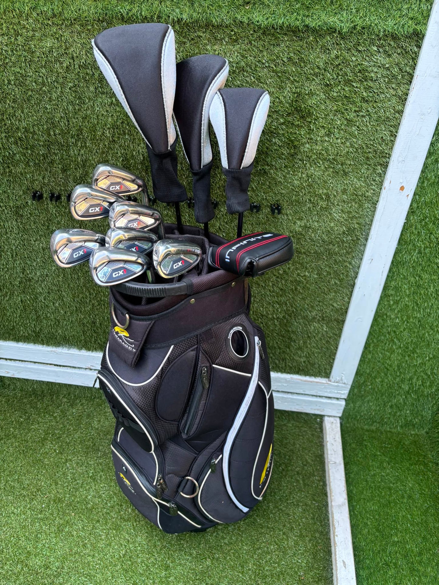 Masters GX1 Irons, Trilogy Ti-Matrix Driver, Dunlop NZ9 Fairway Woods, Wilson Infinite Buckingham Putter & PowaKaddy Cart Bag