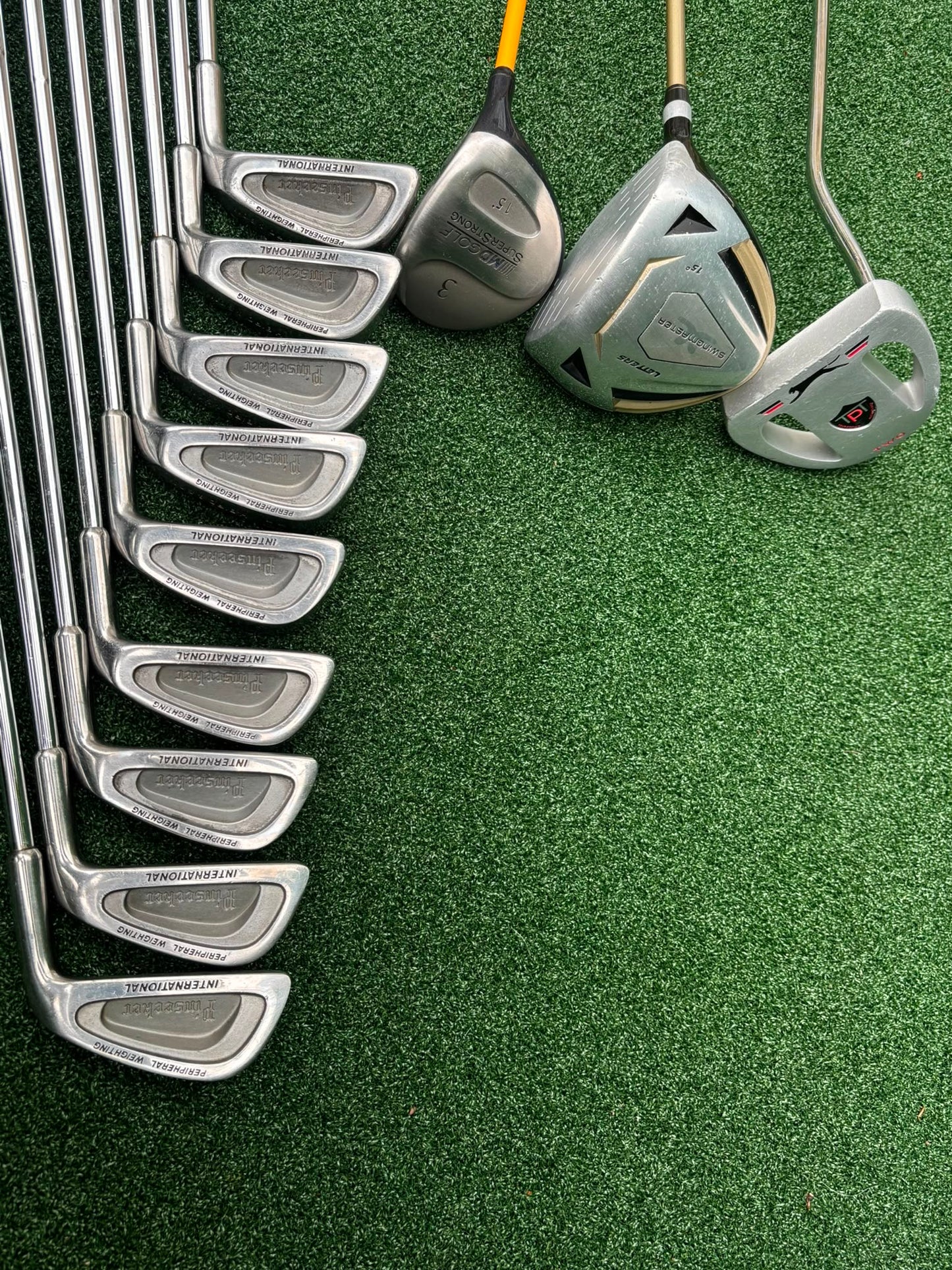Pinseeker 3–SW Full Golf Set + John Letters Driver, MD Golf 3 Wood & Slazenger Putter