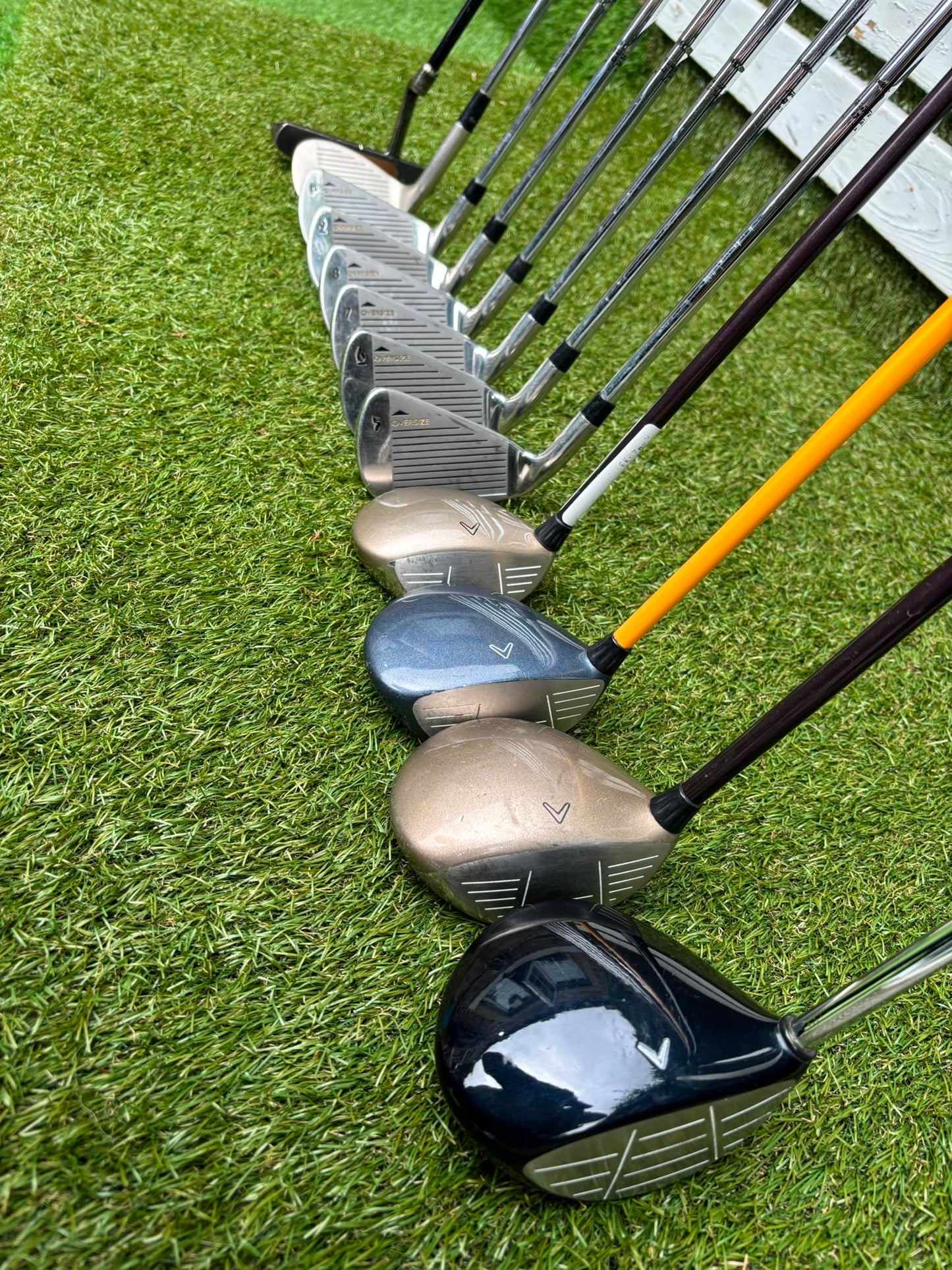 Callaway Big Bertha Woods, Spalding Cannon Irons (5–PW), Tad Moore Wedge & Caddymatic Cart Bag