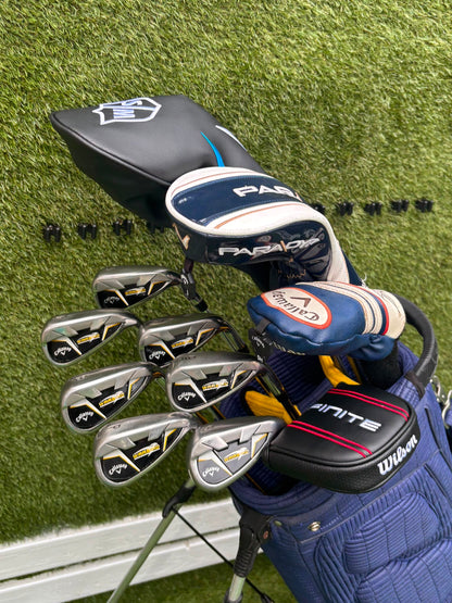 Callaway Irons, Wilson D9 Driver, Callaway Paradym X 3 Wood, Callaway X Hybrid, Wilson Infinite Putter & OUUL Premium Stand Bag