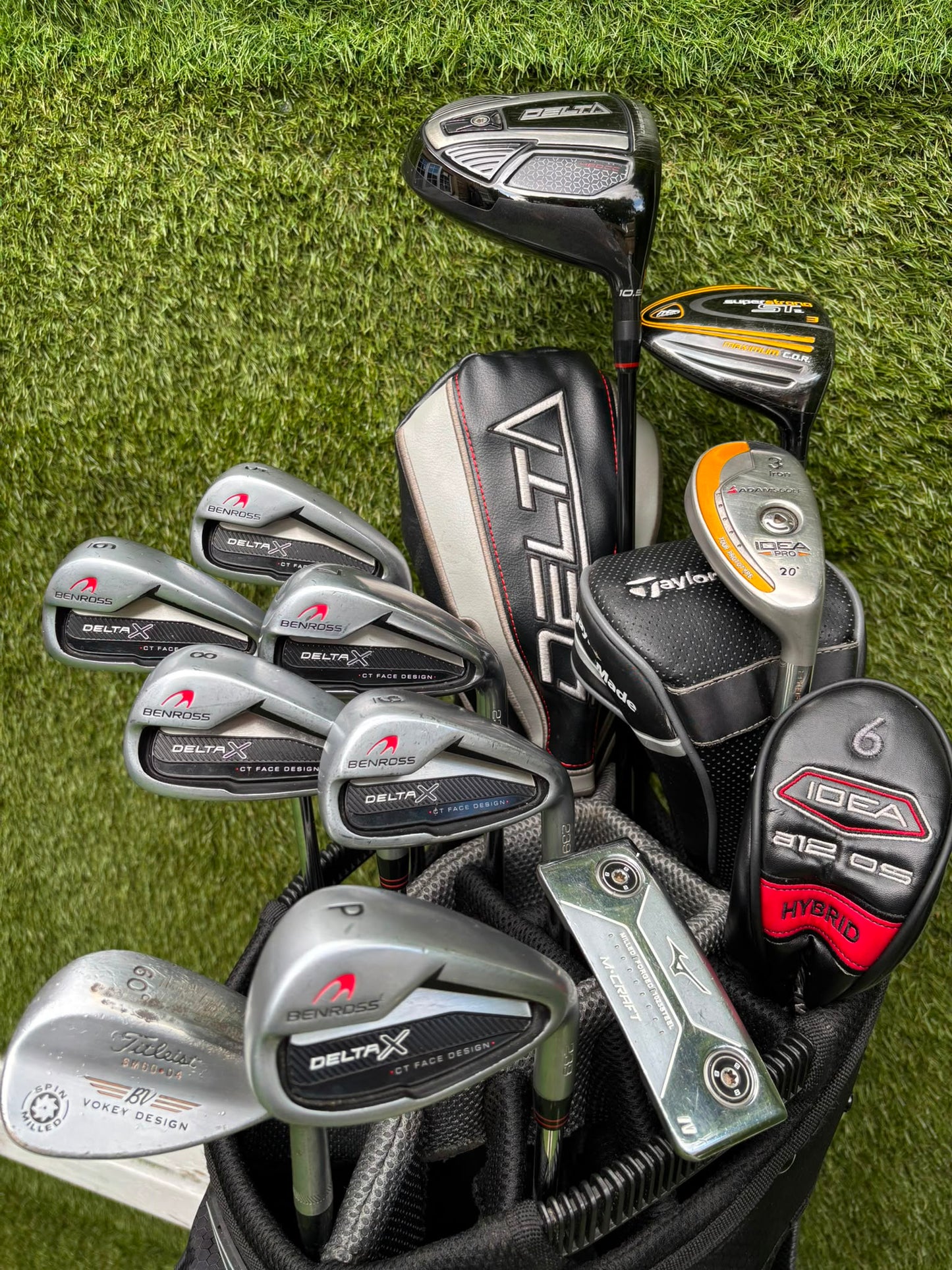 Benross Delta X Irons, Delta Driver, Adams Idea Pro Hybrid, Mizuno M-Craft IV, Vokey SM6 & Greg Norman Cart Bag