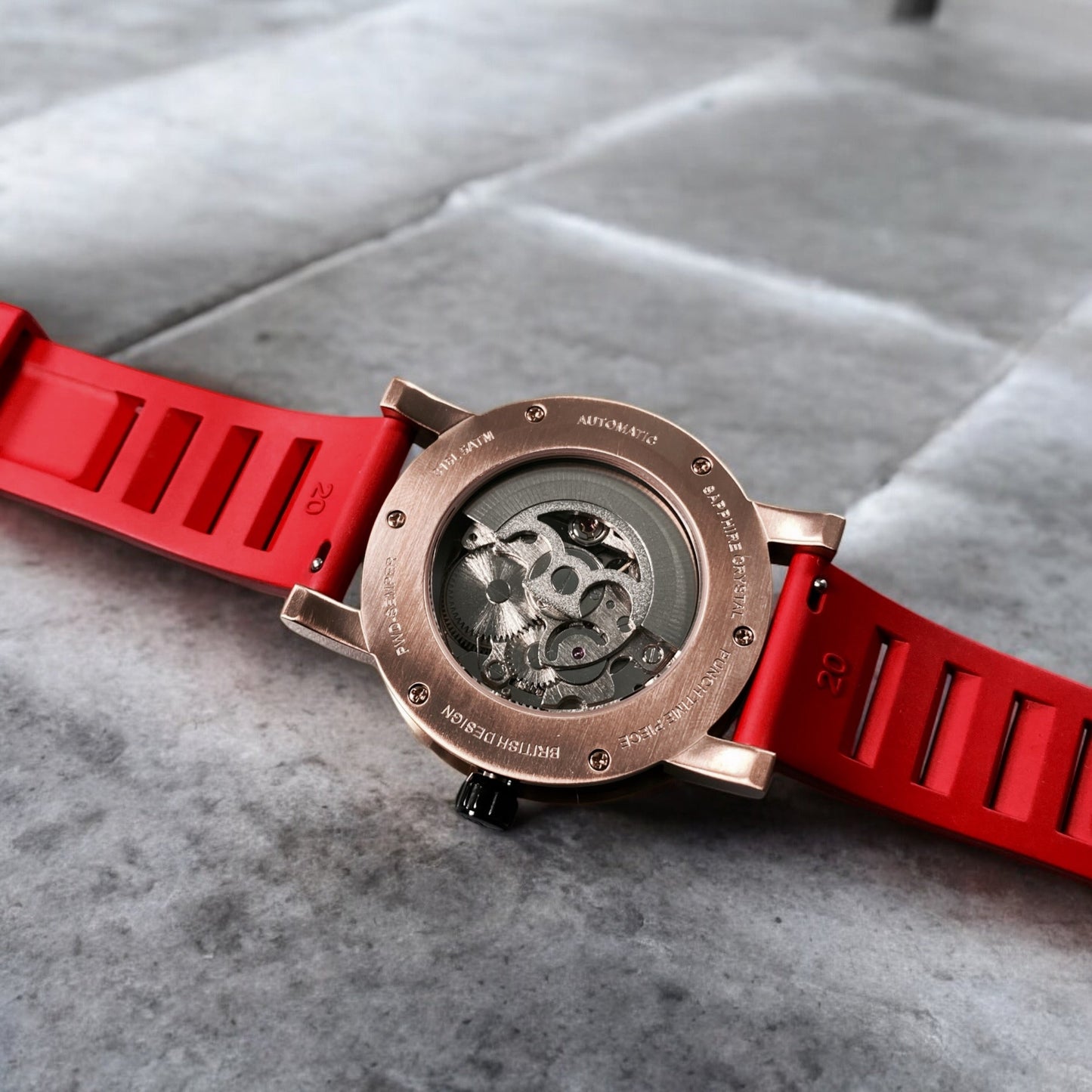 PUNCH Mens Watch, Rose Gold & Black Skeleton Automatic Watch - Red Rubber Strap