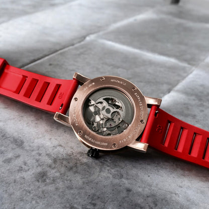 PUNCH Mens Watch, Rose Gold & Black Skeleton Automatic Watch - Red Rubber Strap