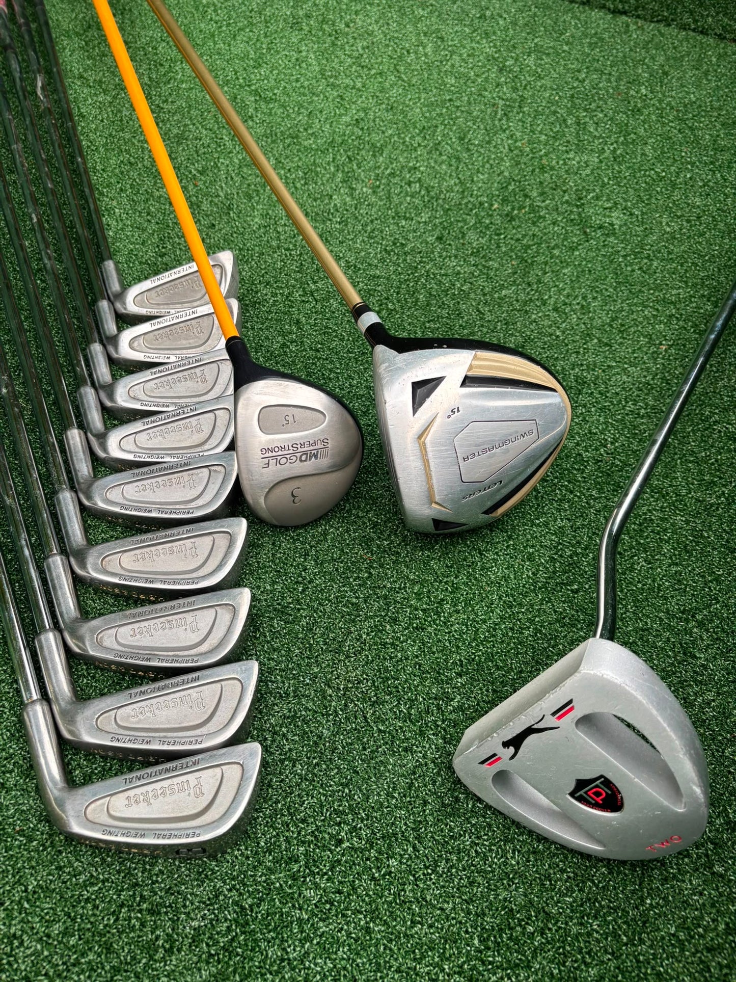 Pinseeker 3–SW Full Golf Set + John Letters Driver, MD Golf 3 Wood & Slazenger Putter