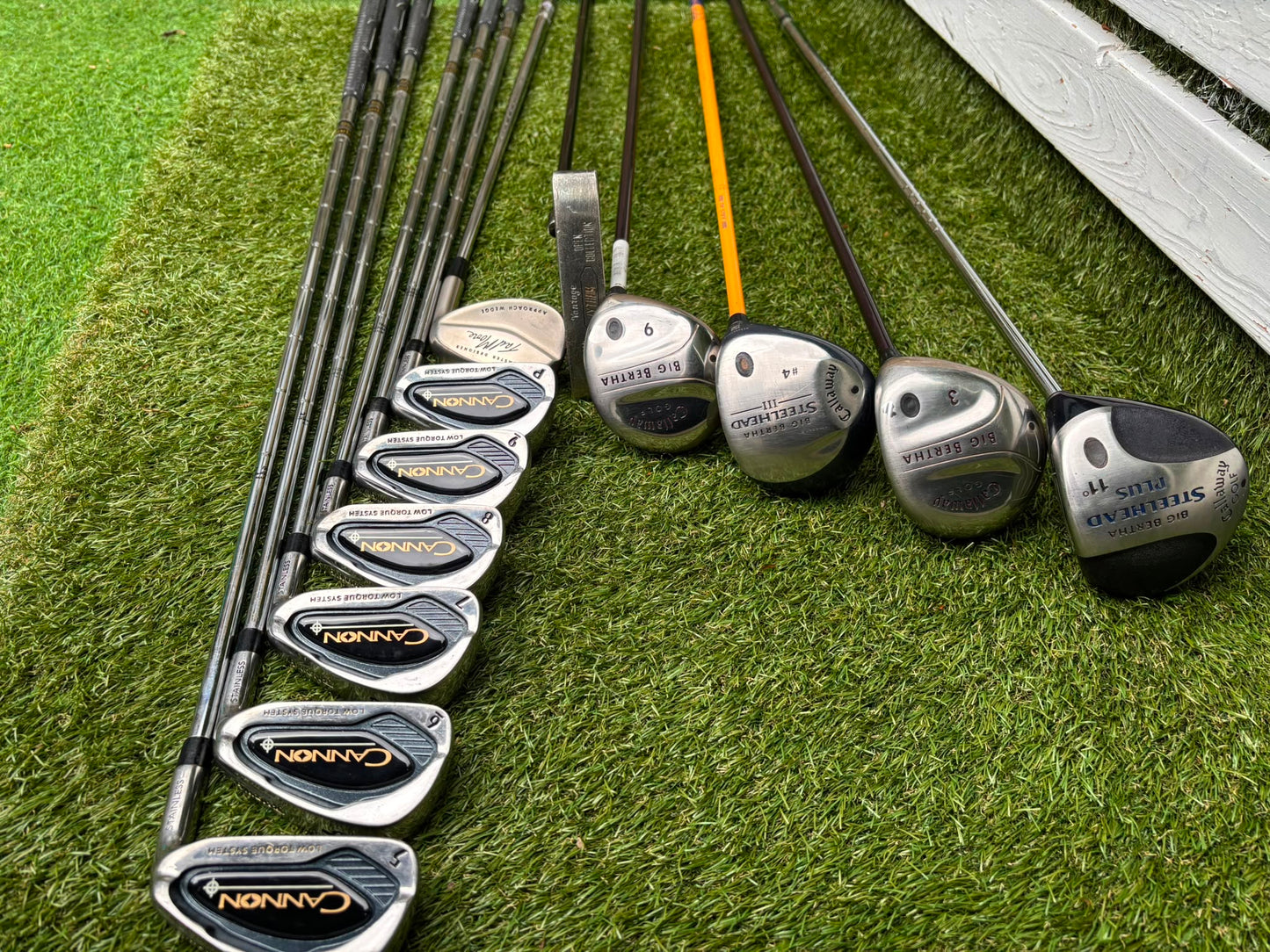 Callaway Big Bertha Woods, Spalding Cannon Irons (5–PW), Tad Moore Wedge & Caddymatic Cart Bag