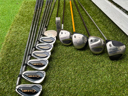 Callaway Big Bertha Woods, Spalding Cannon Irons (5–PW), Tad Moore Wedge & Caddymatic Cart Bag
