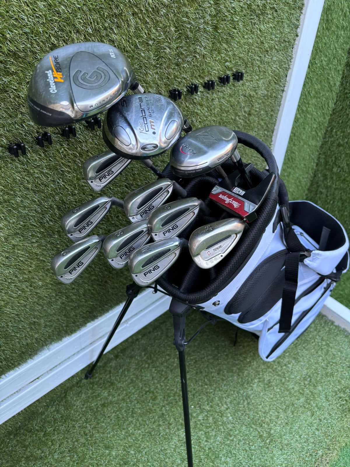 PING S59 4–PW Irons, Tour-W 52° Wedge, Cleveland HiBore Driver, Cobra 5 Wood, Mizuno Hybrid, MacGregor Putter & Stand Bag