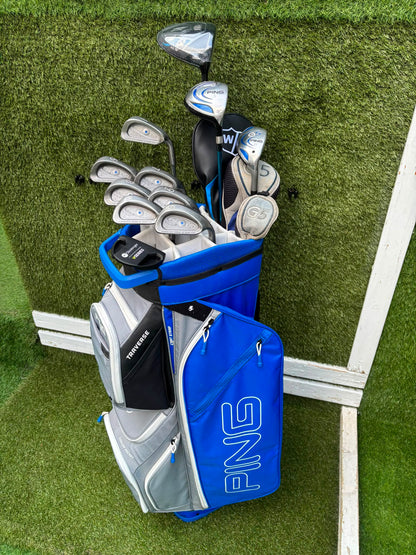 Ping Eye2+ Blue Dot Graphite Irons, Brand New Wilson D7 Driver, Ping G5 Woods & Ping Traverse Cart Bag