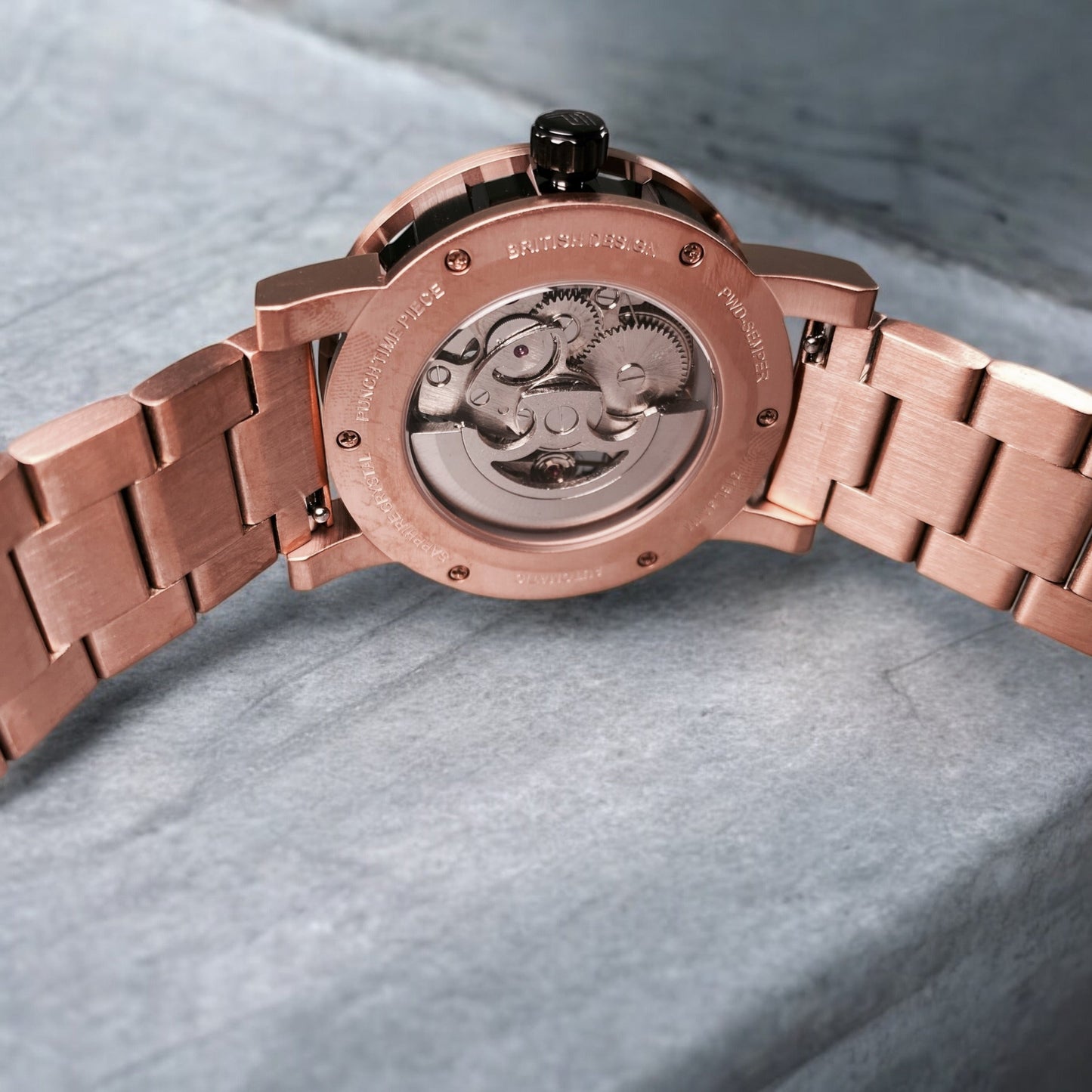 PUNCH Mens Watch, Rose Gold & Black Skeleton Automatic Watch - Rose Gold Metal Strap