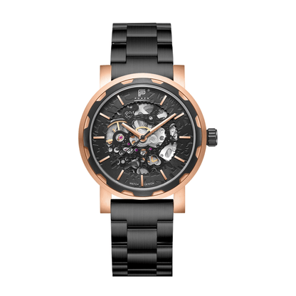 Mens Rose Gold Automatic Watch - Black Stainless Steel Strap l PUNCH