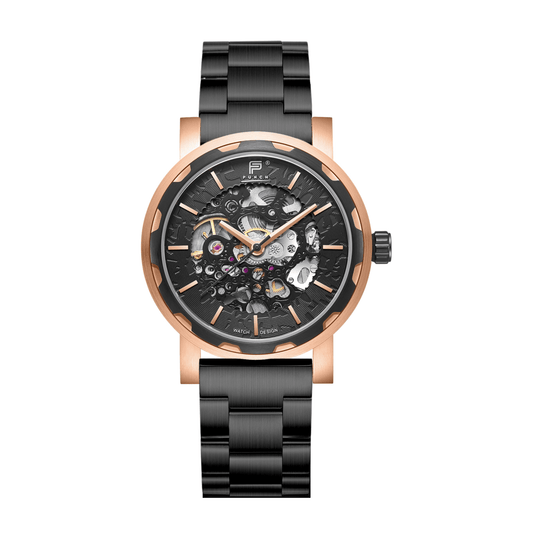 Mens Rose Gold Automatic Watch - Black Stainless Steel Strap l PUNCH