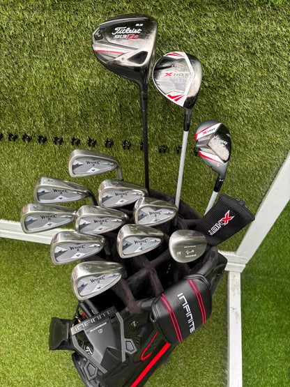 Mizuno Widec II Irons, Titleist 913 Driver, Callaway X Hot Woods, Wilson Infinite Putter & Titleist StaDry Cart Bag